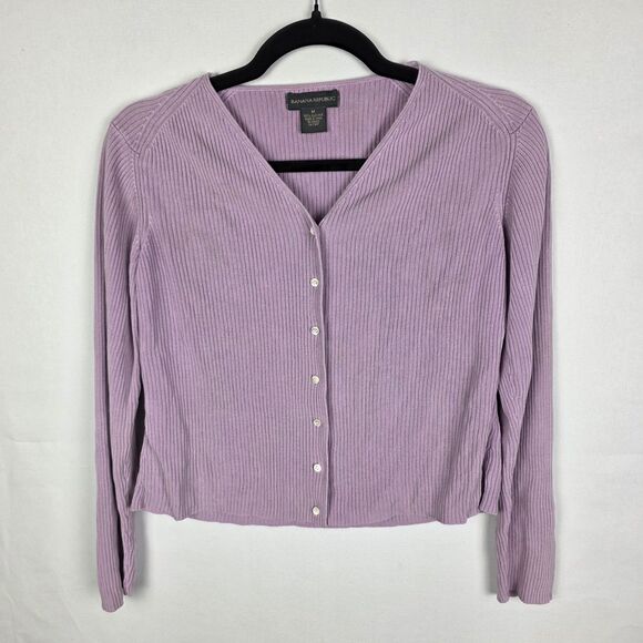 Banana Republic Pink Ribbed Silk Cropped Button Up Cardigan Sweater Medium - Picture 1 of 5